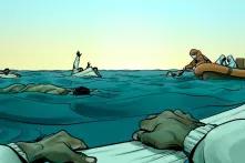 Illustration about refugees shipwrecked in the strait Rescue survivors from the dead