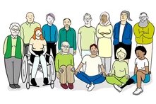 13 persons of all ages, sexes, religions, with/without impairments representing diversity