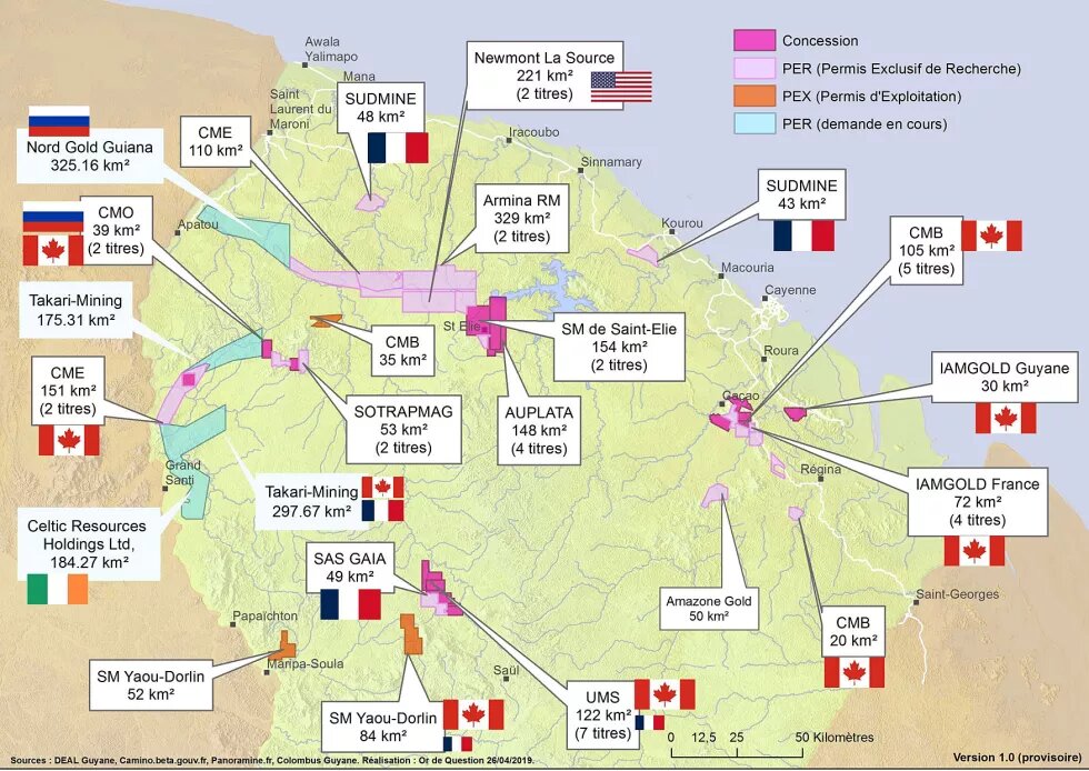 Carte des implantations des Permis miniers accordés par l'Etat à  l'industrie minière; réalisée par le Collectif Or de Question