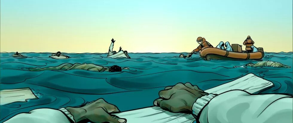 Illustration about refugees shipwrecked in the strait Rescue survivors from the dead