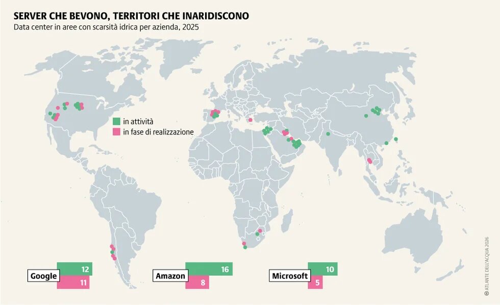 I data center consumano molta acqua e ne aggravano la scarsità: quelli di Google siti in aree a stress idrico aumenteranno del 90%.