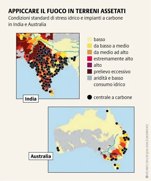 Le regioni in cui sono presenti centrali a carbone rischiano lo stress idrico a causa dell'elevato consumo di acqua per il raffreddamento geli impianti, che riduce la disponibilità per le persone e gli ecosistemi.