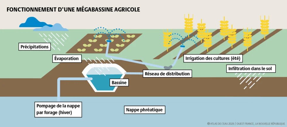 Les mégabassines sont critiquées pour leur coût, l’évaporation et la non infiltration d’eau dans le sol, la non reconstitution des nappes, une gestion de l’eau non démocratique, et le type de système agricole ainsi soutenu