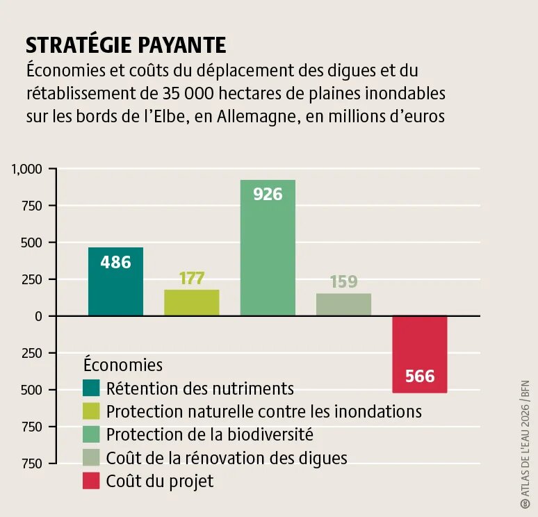 Économies et coûts du déplacement des digues et du rétablissement de 35 000 hectares de plaines inondables sur les bords de l’Elbe, en Allemagne, en millions d’euros.