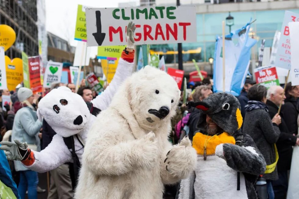 Climate change march Demonstrant/innen verkleidet als Hund, Eisbär und Pinguin